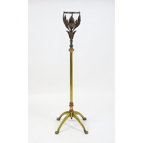 1531 - WAS Benson : An Arts & Crafts brass and copper telescopic oil lamp stand with foliate detail and qua... 