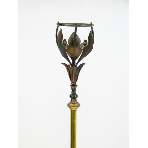 1531 - WAS Benson : An Arts & Crafts brass and copper telescopic oil lamp stand with foliate detail and qua... 