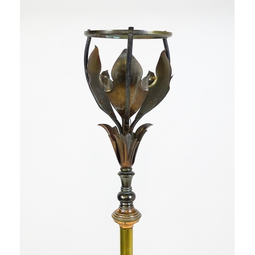 1531 - WAS Benson : An Arts & Crafts brass and copper telescopic oil lamp stand with foliate detail and qua... 