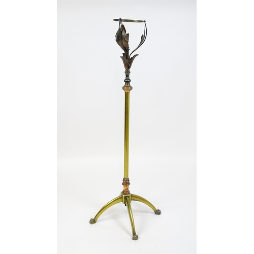 1531 - WAS Benson : An Arts & Crafts brass and copper telescopic oil lamp stand with foliate detail and qua... 