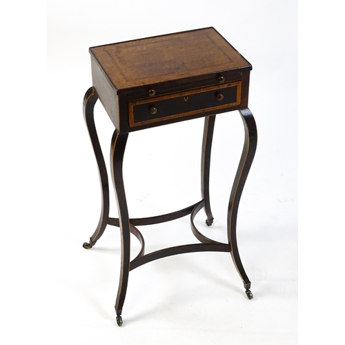 1571 - A late 18thC work table with a crossbanded burr amboyna top above a brushing slide and a single shor... 