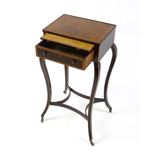 1571 - A late 18thC work table with a crossbanded burr amboyna top above a brushing slide and a single shor... 