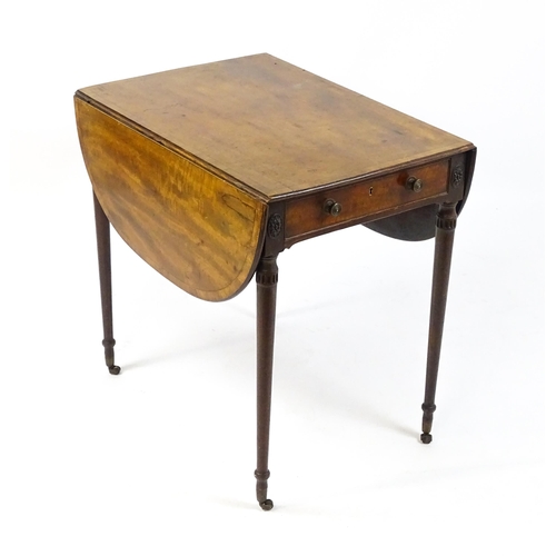 1600 - A George III mahogany Pembroke table with two demi lune leaves above a single short drawer to each e... 