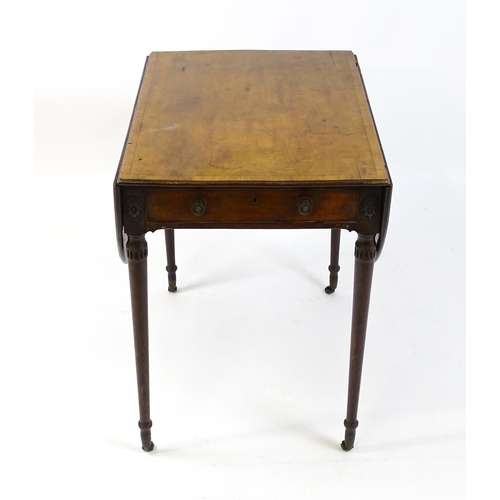 1600 - A George III mahogany Pembroke table with two demi lune leaves above a single short drawer to each e... 