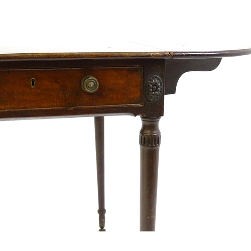 1600 - A George III mahogany Pembroke table with two demi lune leaves above a single short drawer to each e... 