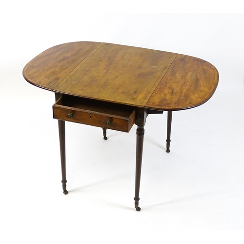 1600 - A George III mahogany Pembroke table with two demi lune leaves above a single short drawer to each e... 