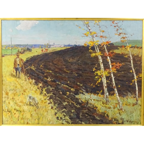 1847 - 20th century, Russian School, Oil on canvas, A farming landscape with farmer and dog. Signed in Cyri... 