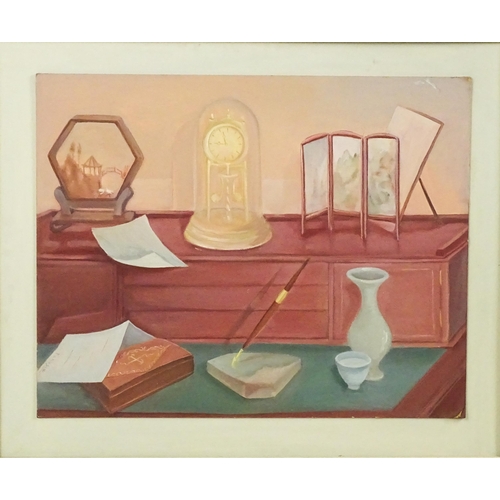 1856 - Fanusie, 21st century, Oil on board, A Still Life in Pink, A study of a desk with skeleton clock, va... 