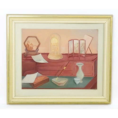 1856 - Fanusie, 21st century, Oil on board, A Still Life in Pink, A study of a desk with skeleton clock, va... 