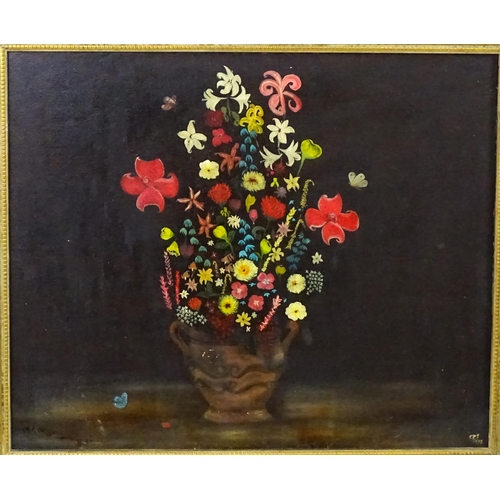 1857 - 20th century, Oil on board, A naive study of flowers in a twin handled stoneware vase. Signed with i... 