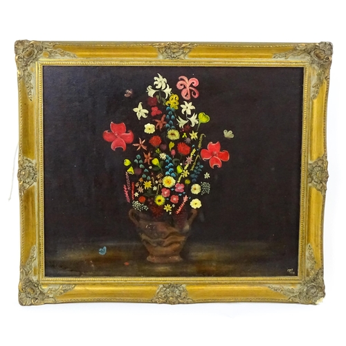 1857 - 20th century, Oil on board, A naive study of flowers in a twin handled stoneware vase. Signed with i... 