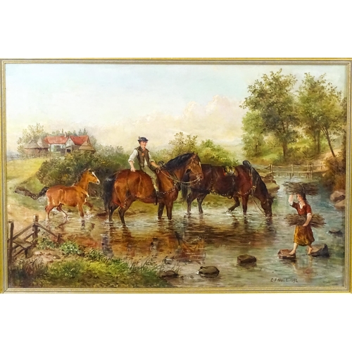 1858 - Edwin Frederick Holt (1865-1895), Oil on canvas, Horses and rider crossing a river, with a young gir... 