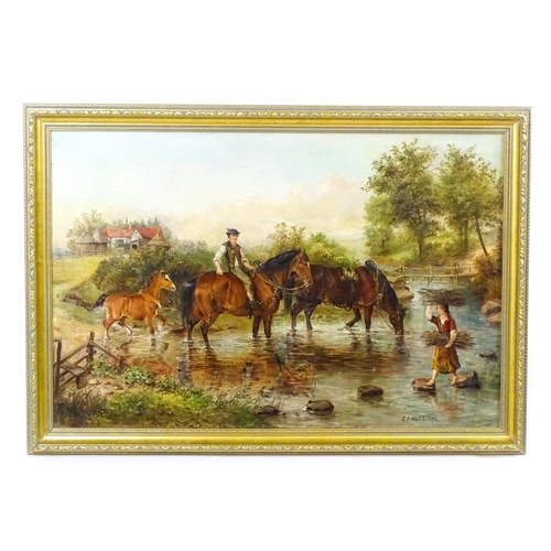 1858 - Edwin Frederick Holt (1865-1895), Oil on canvas, Horses and rider crossing a river, with a young gir... 