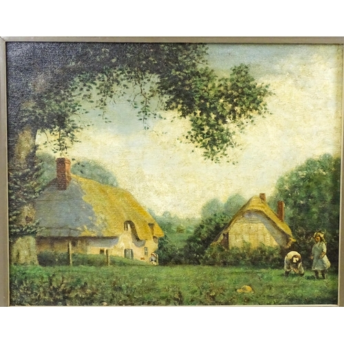 1859 - 20th century, Oil on hessian canvas, A country scene with figures in a farmyard with thatched cottag... 