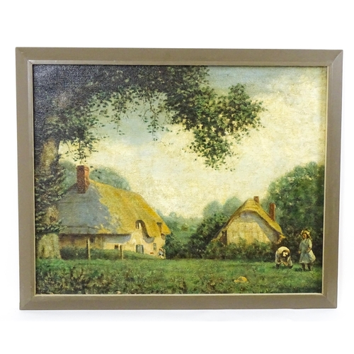 1859 - 20th century, Oil on hessian canvas, A country scene with figures in a farmyard with thatched cottag... 