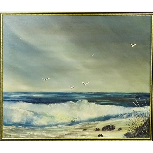 1862 - R. C. Ives, 20th century, Oil on canvas, A seascape with crashing waves and gulls in flight. Signed ... 