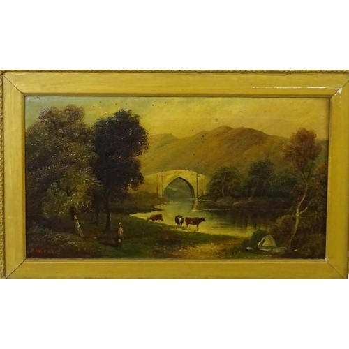 1863 - J. Morris, 19th century, Oil on canvas, A Highland wooded river landscape with cattle watering. Sign... 