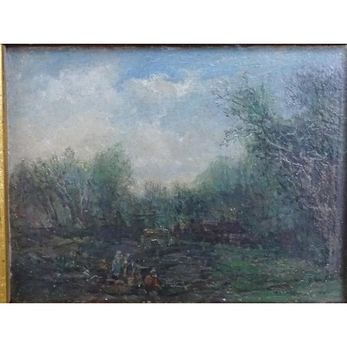 1867 - Early 20th century, Continental School, Oil on board, A miniature wooded landscape with figures. App... 