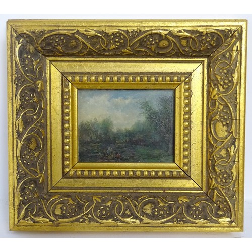 1867 - Early 20th century, Continental School, Oil on board, A miniature wooded landscape with figures. App... 