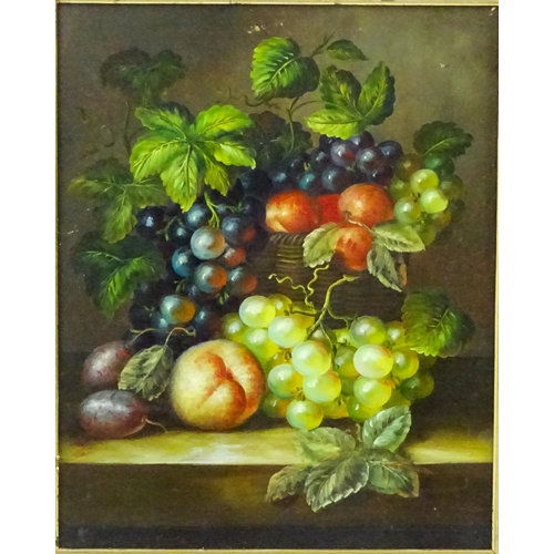 1868 - 20th century, Oil on panel, A still life study with grapes, peaches, plums and vine leaves on a ledg... 