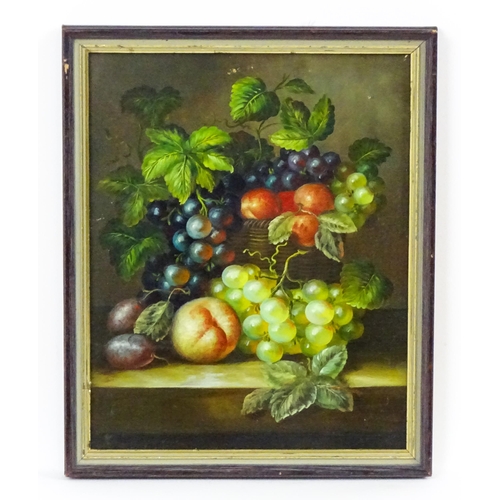 1868 - 20th century, Oil on panel, A still life study with grapes, peaches, plums and vine leaves on a ledg... 