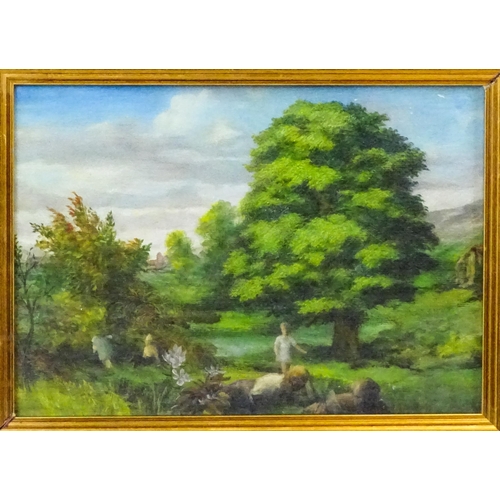 1871 - 20th century, Oil on board, A summer scene in a wooded garden with figures. Approx. 9 1/4