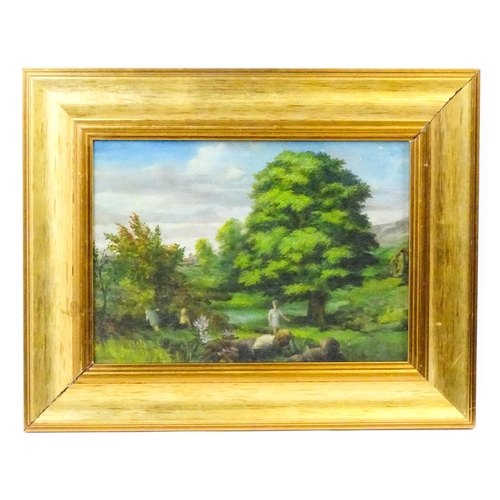 1871 - 20th century, Oil on board, A summer scene in a wooded garden with figures. Approx. 9 1/4