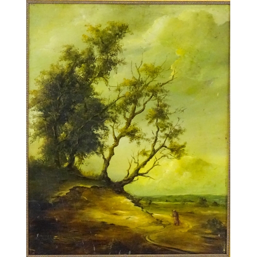 1873 - 19th century, Dutch School, Oil on panel, A landscape with a man on a path passing trees on a hilloc... 