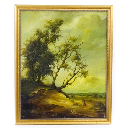 1873 - 19th century, Dutch School, Oil on panel, A landscape with a man on a path passing trees on a hilloc... 