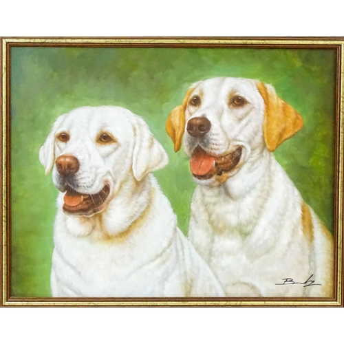 1874 - 21st century, Oil on canvas, A study of two Golden Labrador dogs. Indistinctly signed lower right. A... 