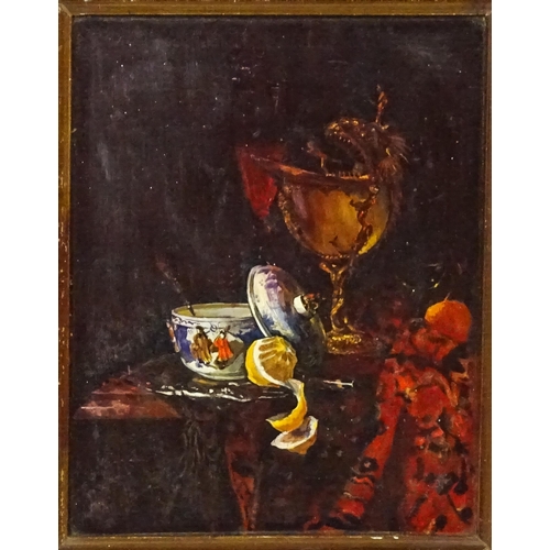 1876 - 19th century, Continental School, Oil on board, A still life study with a spoon warmer, wine glass, ... 