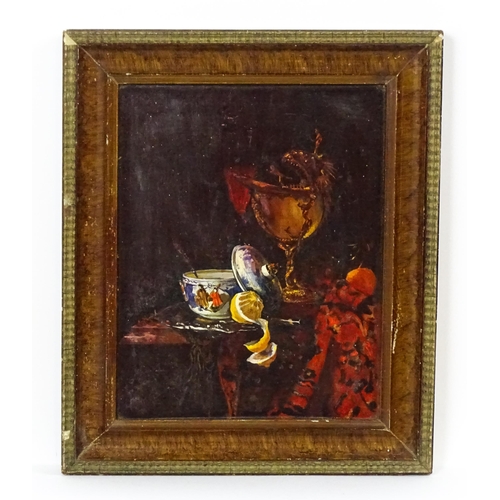 1876 - 19th century, Continental School, Oil on board, A still life study with a spoon warmer, wine glass, ... 