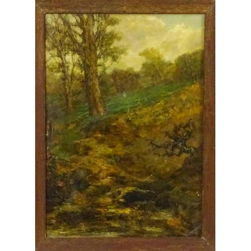 1877 - Manner of John Mace, Early 20th century, Oil on board, A wooded landscape with a stream in the foreg... 