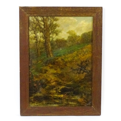 1877 - Manner of John Mace, Early 20th century, Oil on board, A wooded landscape with a stream in the foreg... 