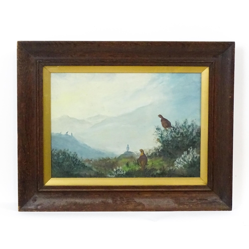 1881 - 20th century, Oil on canvas, Red Grouse in a Highland landscape. Approx. 9 1/4