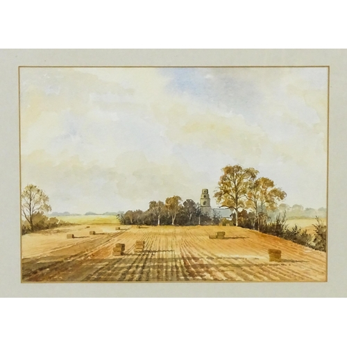 1924 - Clifford Nickson (1903-1993), Watercolour, Golden Harvest, Norfolk, An evening landscape with hay ba... 