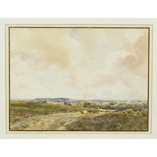 1927 - Claude Hayes (1852-1922), Watercolour, A landscape with a drover with cattle and sheep on a hill pat... 