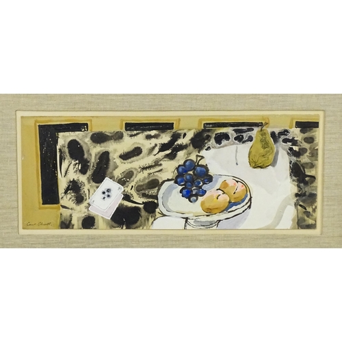 1929 - Carl Chuse, 20th century, Gouache, A still life study with peaches and a bunch of grapes in a pedest... 