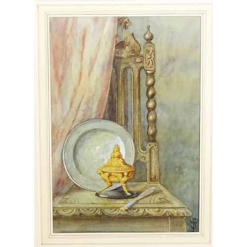 1930 - Early 20th century, Watercolour, A pewter plate / alms dish and Koro censer on a carved wooden chair... 