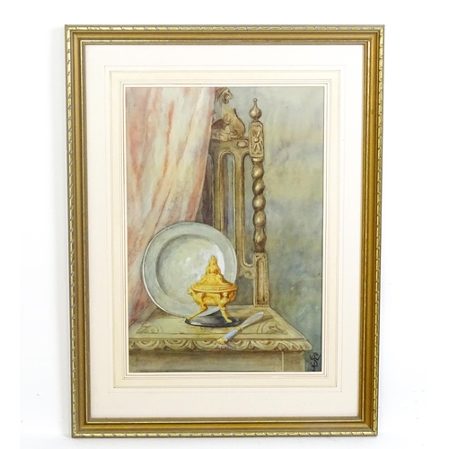 1930 - Early 20th century, Watercolour, A pewter plate / alms dish and Koro censer on a carved wooden chair... 