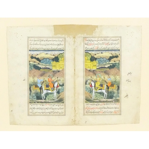 1936 - Indian / Persian School, Watercolour and gouache, Illuminated manuscript pages, depicting figures on... 