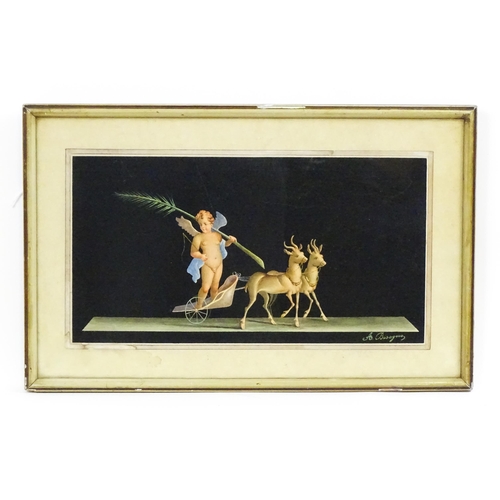 1938 - A. Bisogno, Italian School, Watercolour and gouache, A Cherub on a deer drawn chariot. Signed lower ... 