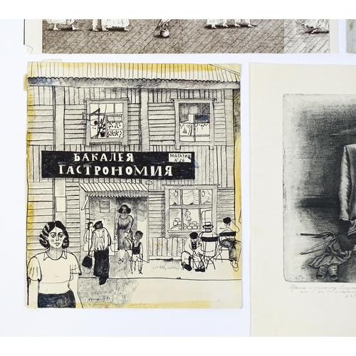 2002 - 20th century, Russian School, Pen and ink, A street scene with figures outside a shop. Indistinctly ... 