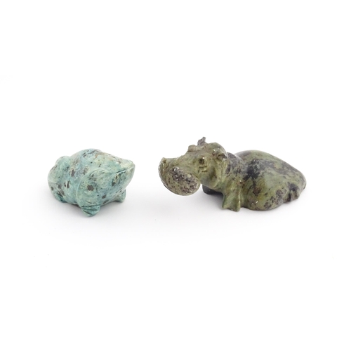 1091 - A Chinese carved turquoise model of a toad Together with a carved soapstone model of a hippopotamus.... 