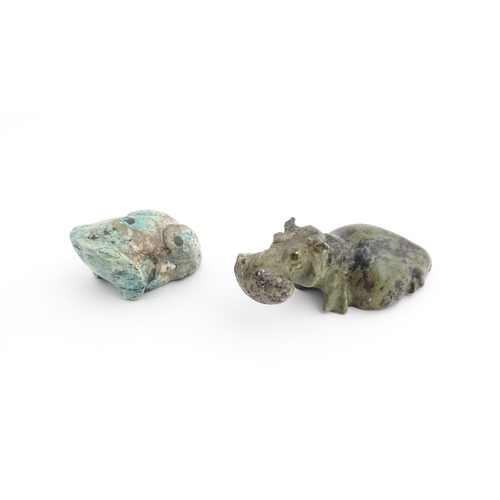 1091 - A Chinese carved turquoise model of a toad Together with a carved soapstone model of a hippopotamus.... 