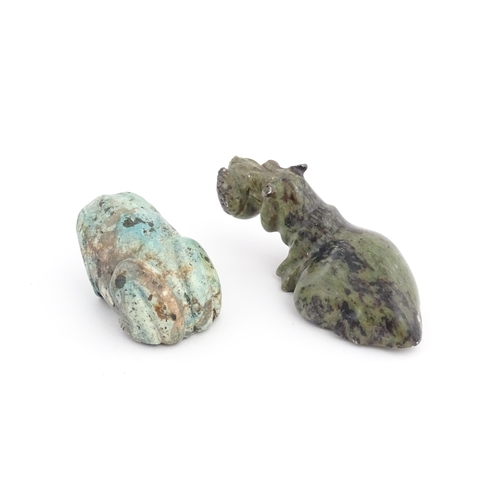 1091 - A Chinese carved turquoise model of a toad Together with a carved soapstone model of a hippopotamus.... 