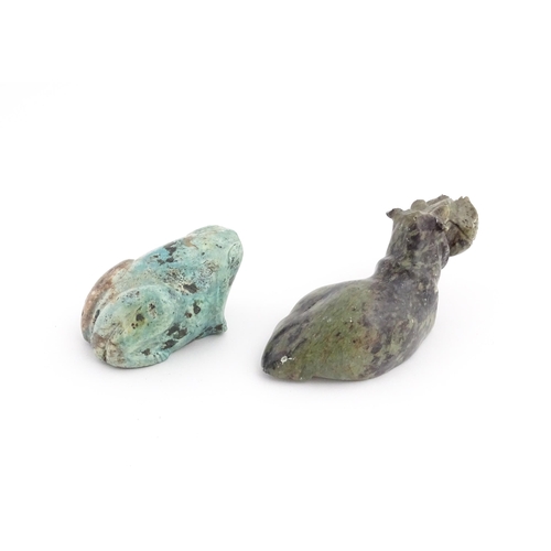 1091 - A Chinese carved turquoise model of a toad Together with a carved soapstone model of a hippopotamus.... 