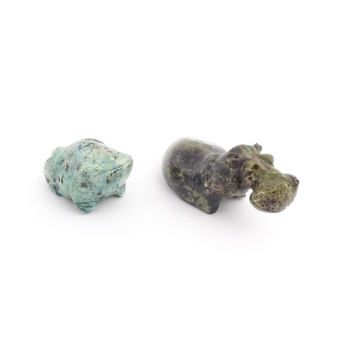 1091 - A Chinese carved turquoise model of a toad Together with a carved soapstone model of a hippopotamus.... 