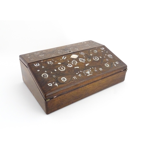 1097 - A Victorian rosewood writing slope with inlaid floral and foliate mother of pearl decoration, the to... 