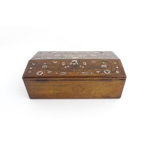 1097 - A Victorian rosewood writing slope with inlaid floral and foliate mother of pearl decoration, the to... 